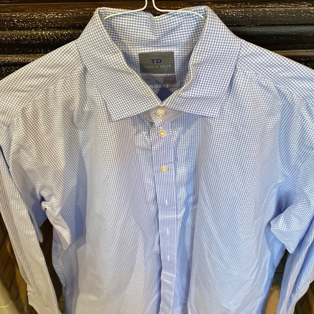 Thomas Dean light blue check dress shirt 16 1/2 R
